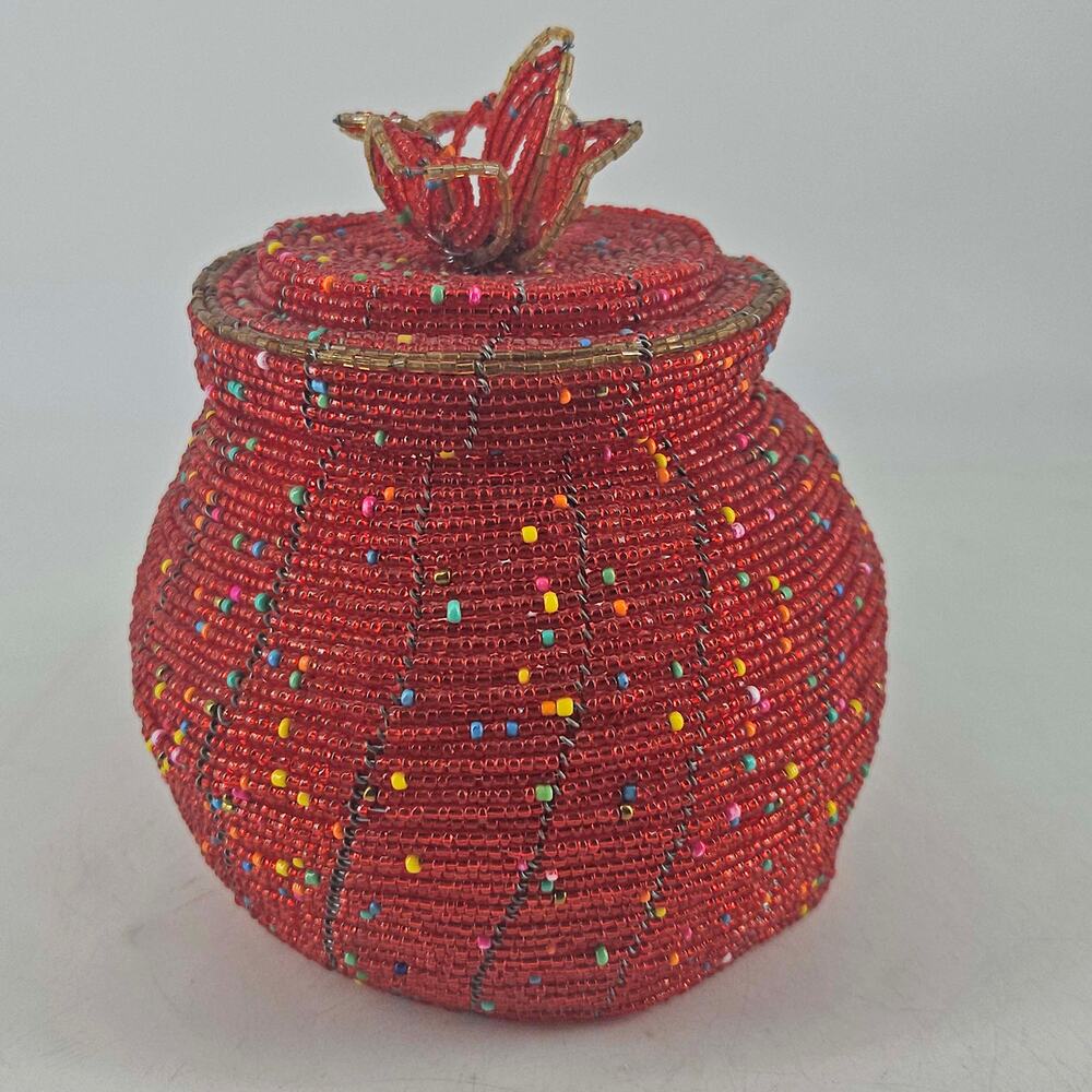 Vintage handcrafted red African beaded lidded jar trinket dish